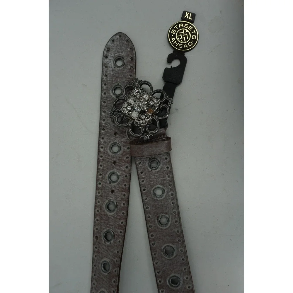 Streets‎ Ahead Belt Womens XL Brown Leather Grommet Rhinestone Buckle 14072